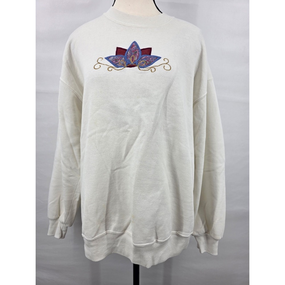 Vintage Jerzees Embroidered Floral Sweatshirt XL Cream Made in USA 90s Pullover